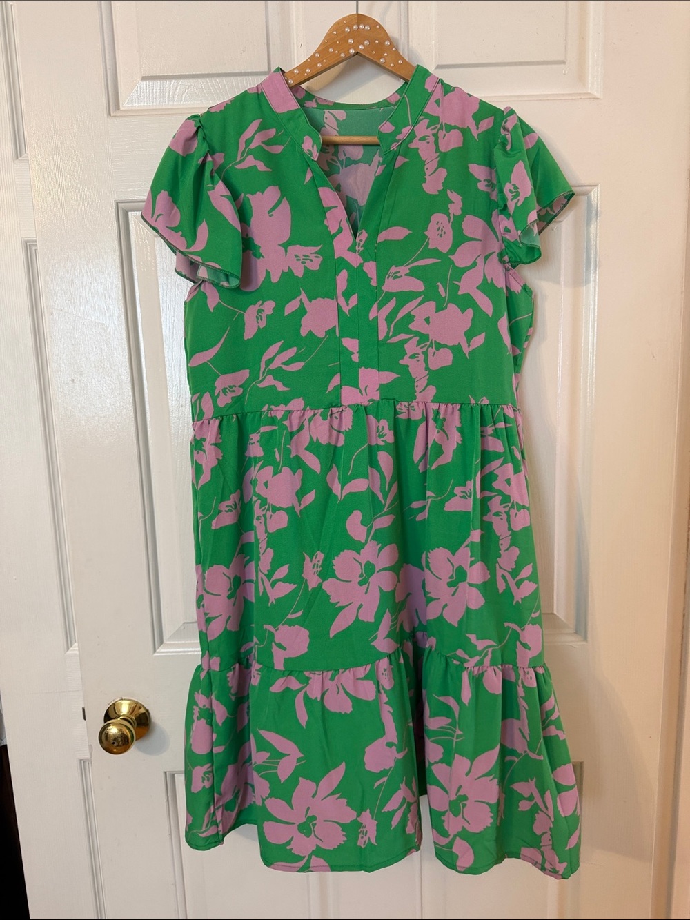 Green Floral Mini Dress with Pink Print